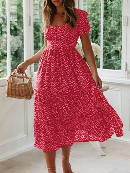 Julia Fashion - Vintage Print Puff Sleeve Square Collar Mini Dress