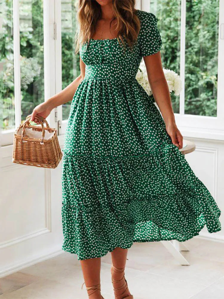 Julia Fashion - Vintage Print Puff Sleeve Square Collar Mini Dress