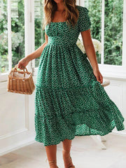 Julia Fashion - Vintage Print Puff Sleeve Square Collar Mini Dress