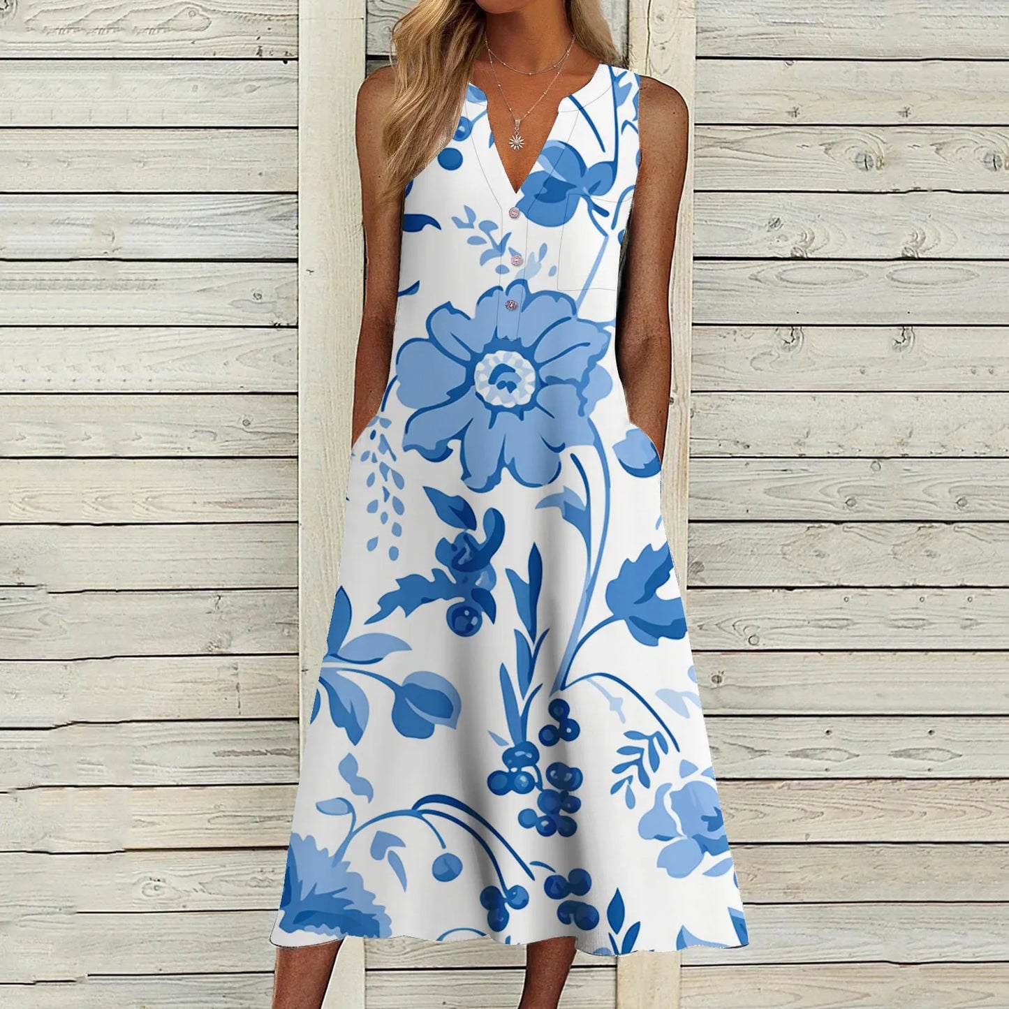 JuliaFashion - Vintage 3D Printed 2024 Casual Loose V Neck Sleeveless Button Flower Printed Pocket Beach Summer Woman Dress