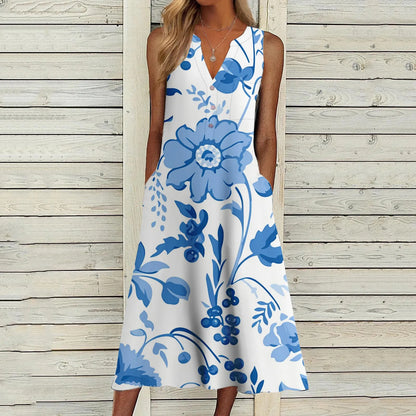 JuliaFashion - Vintage 3D Printed 2024 Casual Loose V Neck Sleeveless Button Flower Printed Pocket Beach Summer Woman Dress