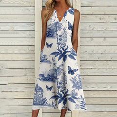 JuliaFashion - Vintage 3D Printed 2024 Casual Loose V Neck Sleeveless Button Flower Printed Pocket Beach Summer Woman Dress