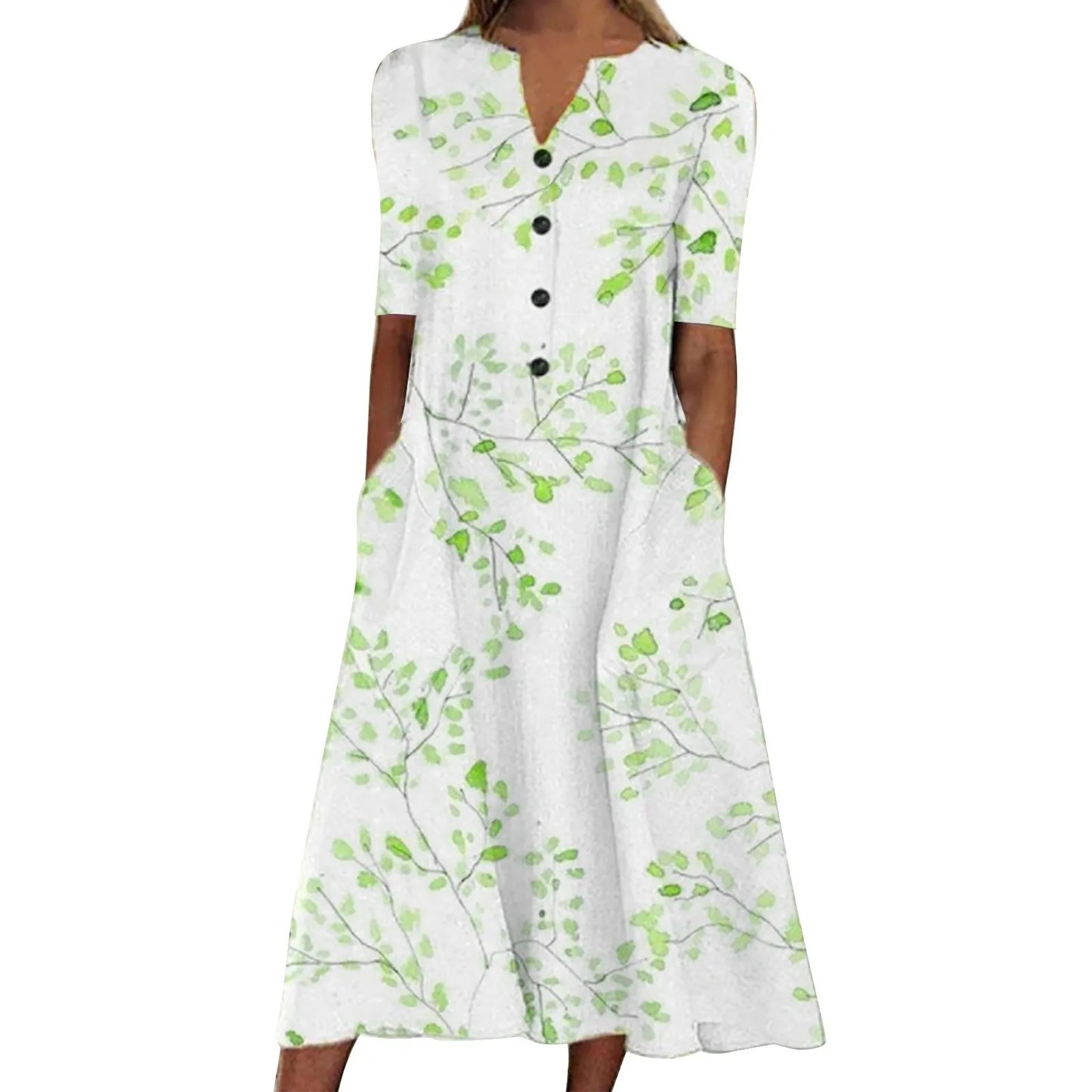 JuliaFashion - Vintage 3D Printed For Women Spring Summer Half Sleeve Casual Beach Women V Neck Pocket Party Long 2024 Dress
