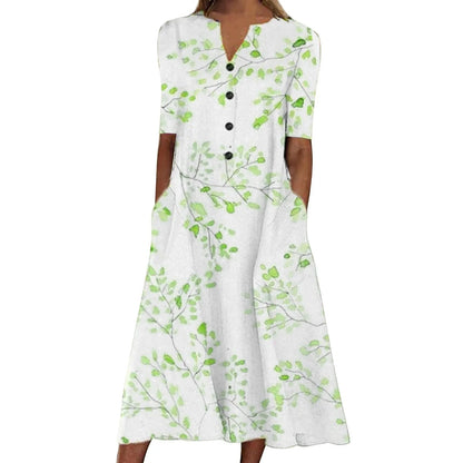 JuliaFashion - Vintage 3D Printed For Women Spring Summer Half Sleeve Casual Beach Women V Neck Pocket Party Long 2024 Dress