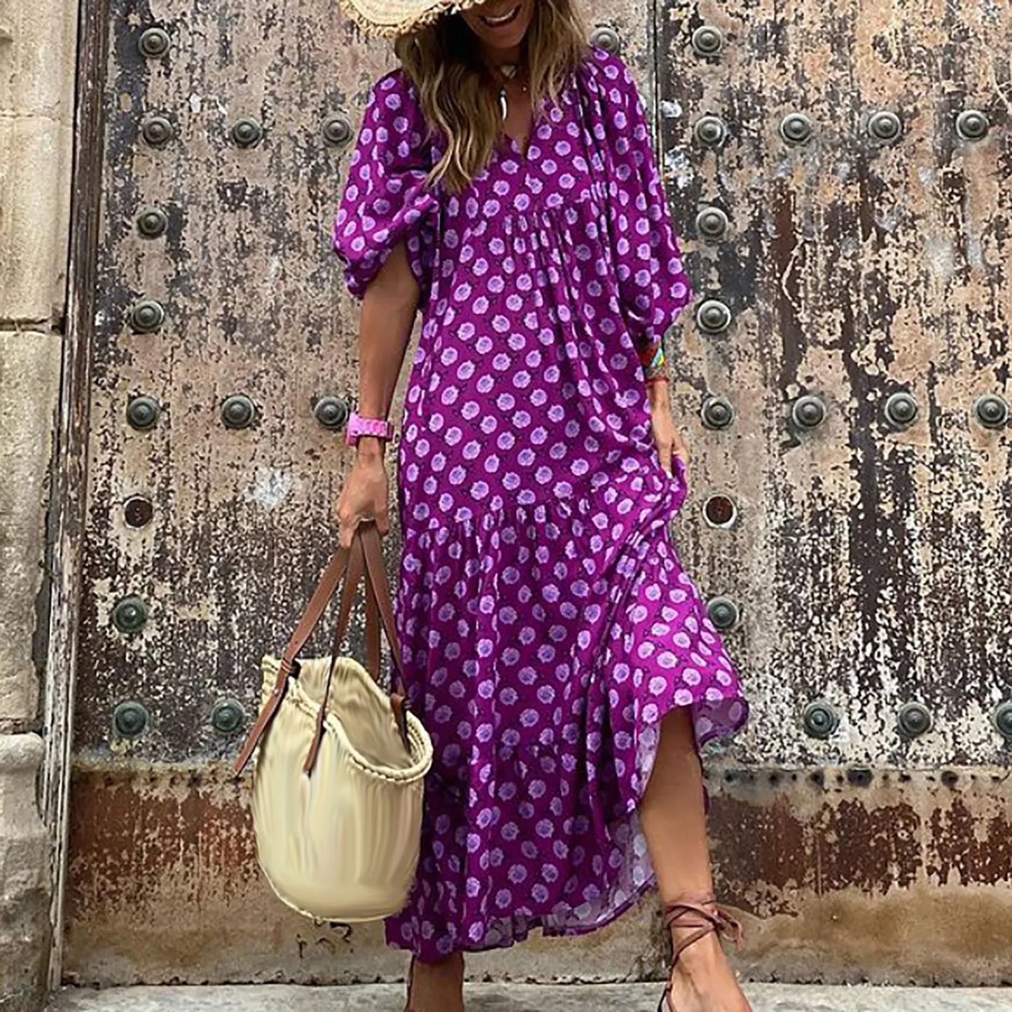 JuliaFashion - Vintage Bohemian Summer Geometric Printed Bubble Sleeved Street Oversized Casual Women's Clothing Dress