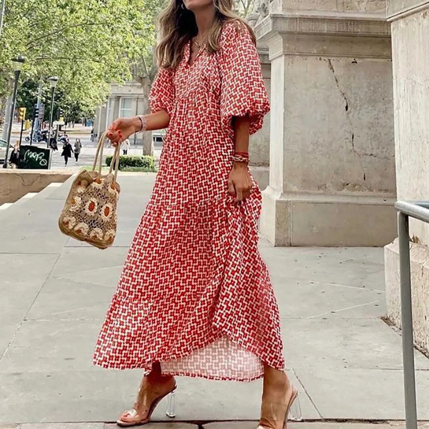 JuliaFashion - Vintage Bohemian Summer Geometric Printed Bubble Sleeved Street Oversized Casual Women's Clothing Dress