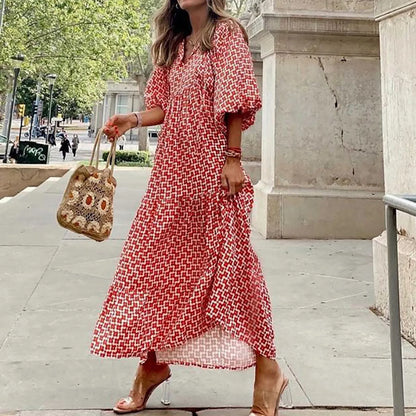 JuliaFashion - Vintage Bohemian Summer Geometric Printed Bubble Sleeved Street Oversized Casual Women's Clothing Dress