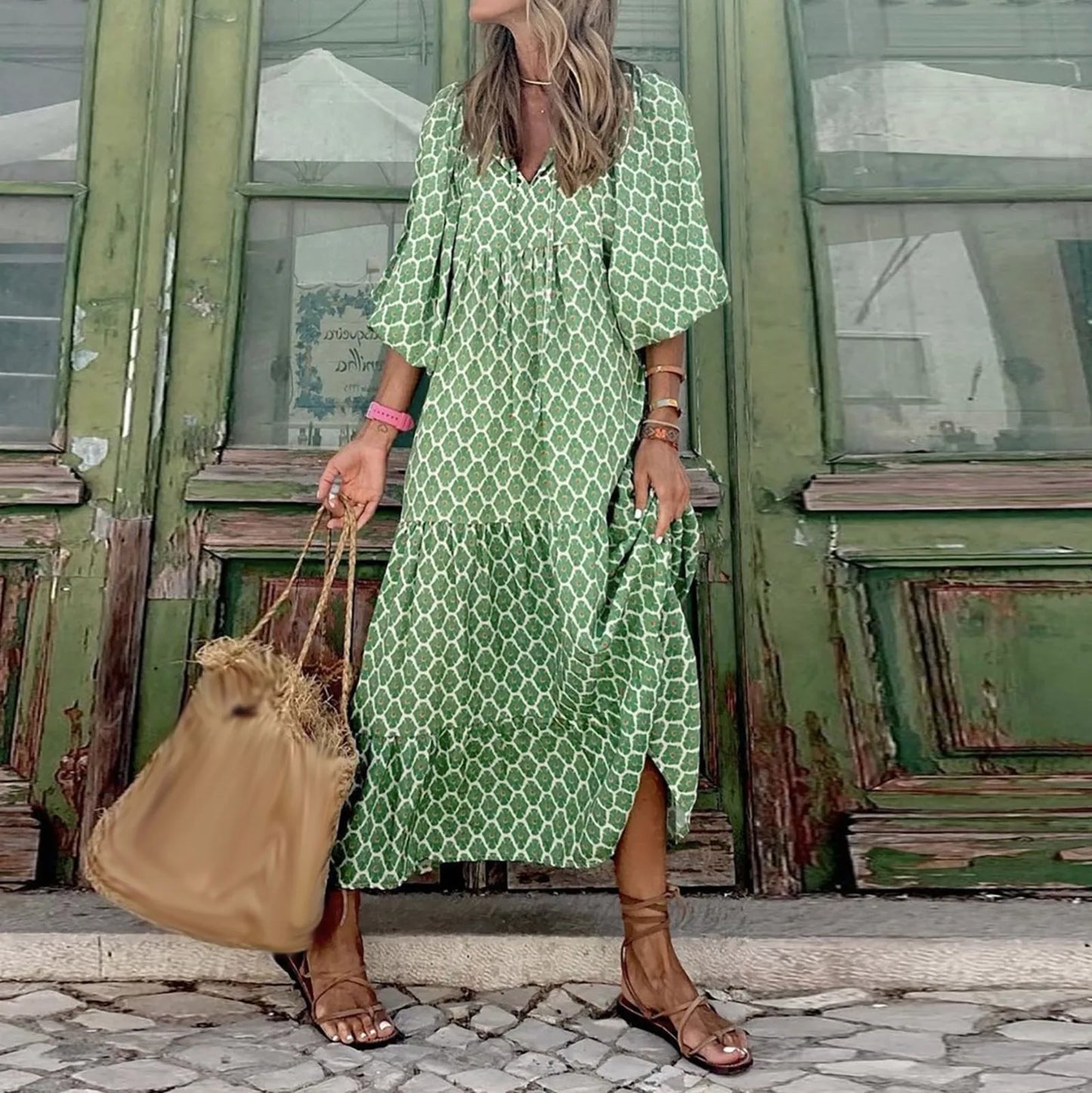 JuliaFashion - Vintage Bohemian Summer Geometric Printed Bubble Sleeved Street Oversized Casual Women's Clothing Dress