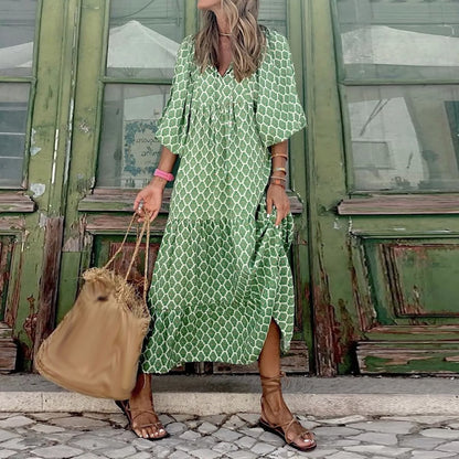 JuliaFashion - Vintage Bohemian Summer Geometric Printed Bubble Sleeved Street Oversized Casual Women's Clothing Dress