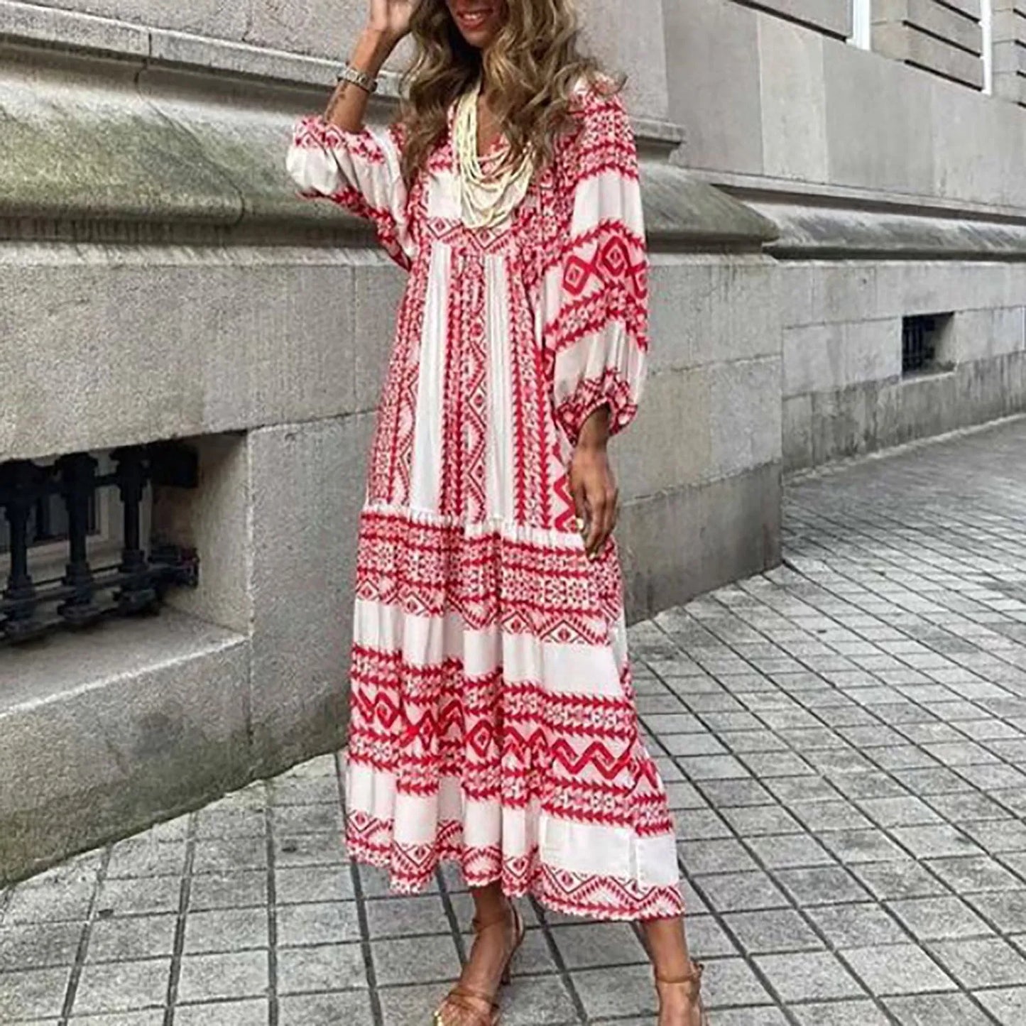 JuliaFashion - Vintage Bohemian Summer Geometric Printed Bubble Sleeved Street Oversized Casual Women's Clothing Dress