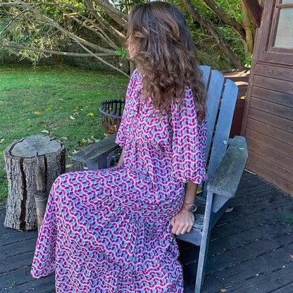 JuliaFashion - Vintage Bohemian Summer Geometric Printed Bubble Sleeved Street Oversized Casual Women's Clothing Dress