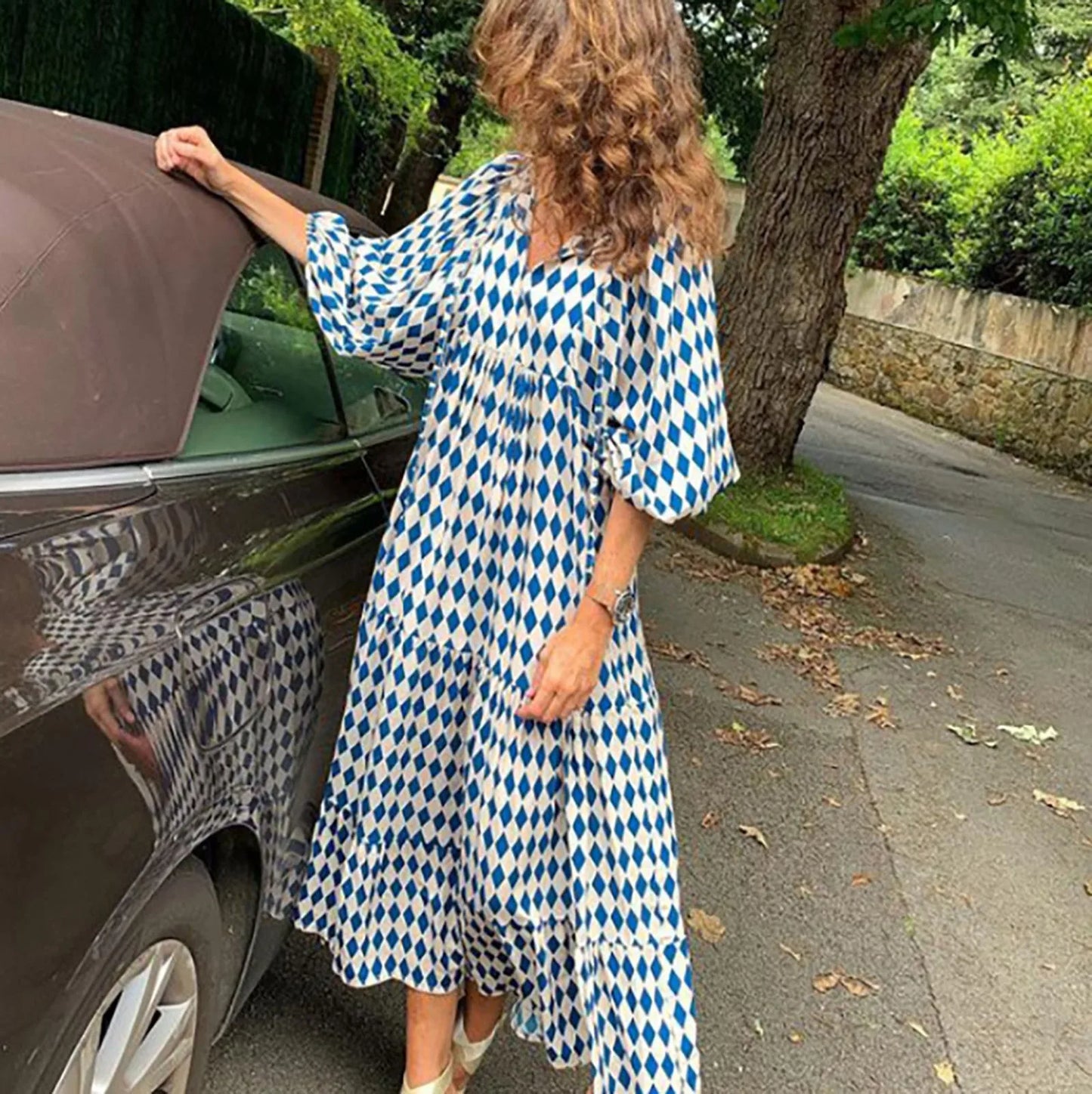 JuliaFashion - Vintage Bohemian Summer Geometric Printed Bubble Sleeved Street Oversized Casual Women's Clothing Dress