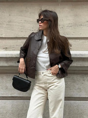 Vintage Casual Fashion Chic Stylish Brown Leather Jacket