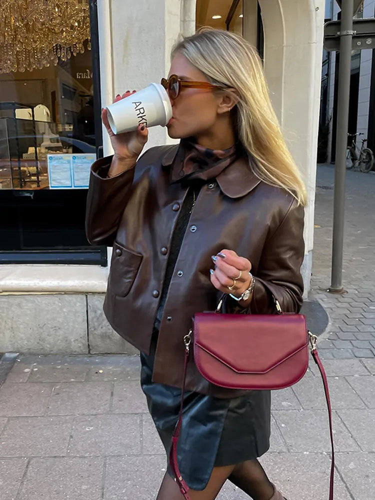 Vintage Casual Fashion Chic Stylish Brown Leather Jacket