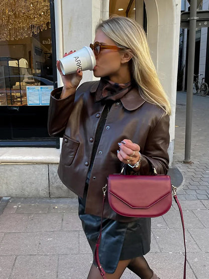 Vintage Casual Fashion Chic Stylish Brown Leather Jacket