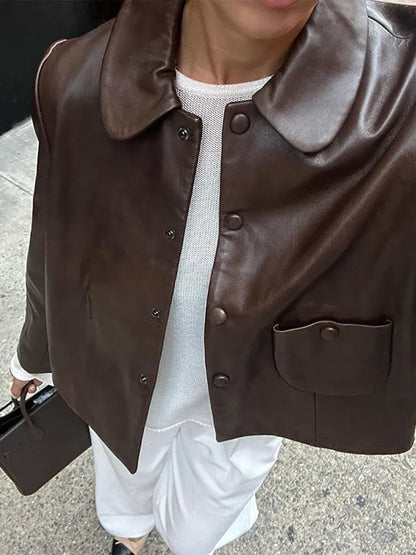 Vintage Casual Fashion Chic Stylish Brown Leather Jacket