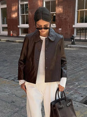 Vintage Casual Fashion Chic Stylish Brown Leather Jacket