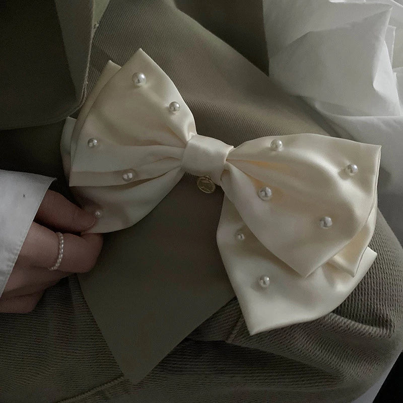 Cream White Pearl Bow Christmas Hair Accessory White Accessories-L
