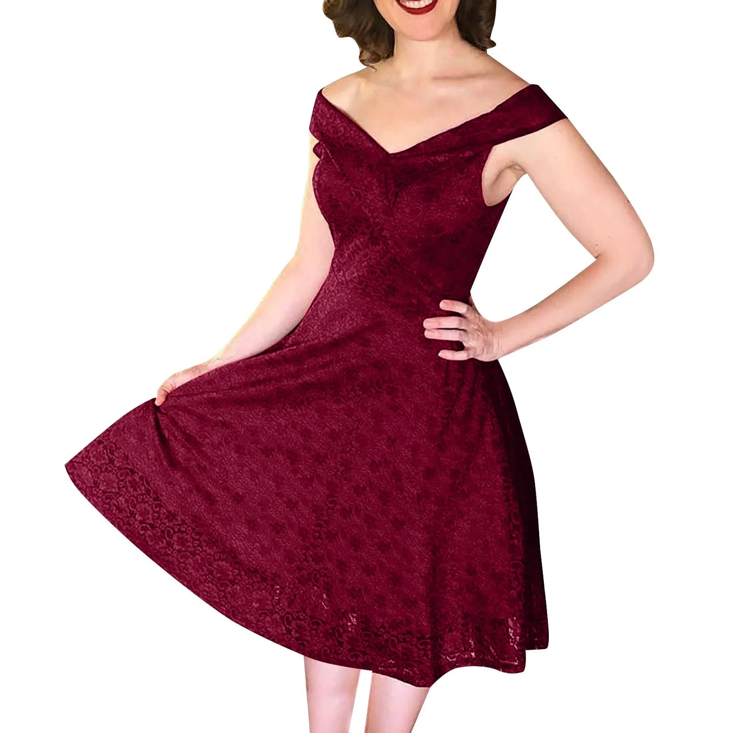 JuliaFashion - Vintage Elegant Lace Collar Lace Tucked Slim High Waist Large Swing Female Fitting Prom Sleeveless Dress
