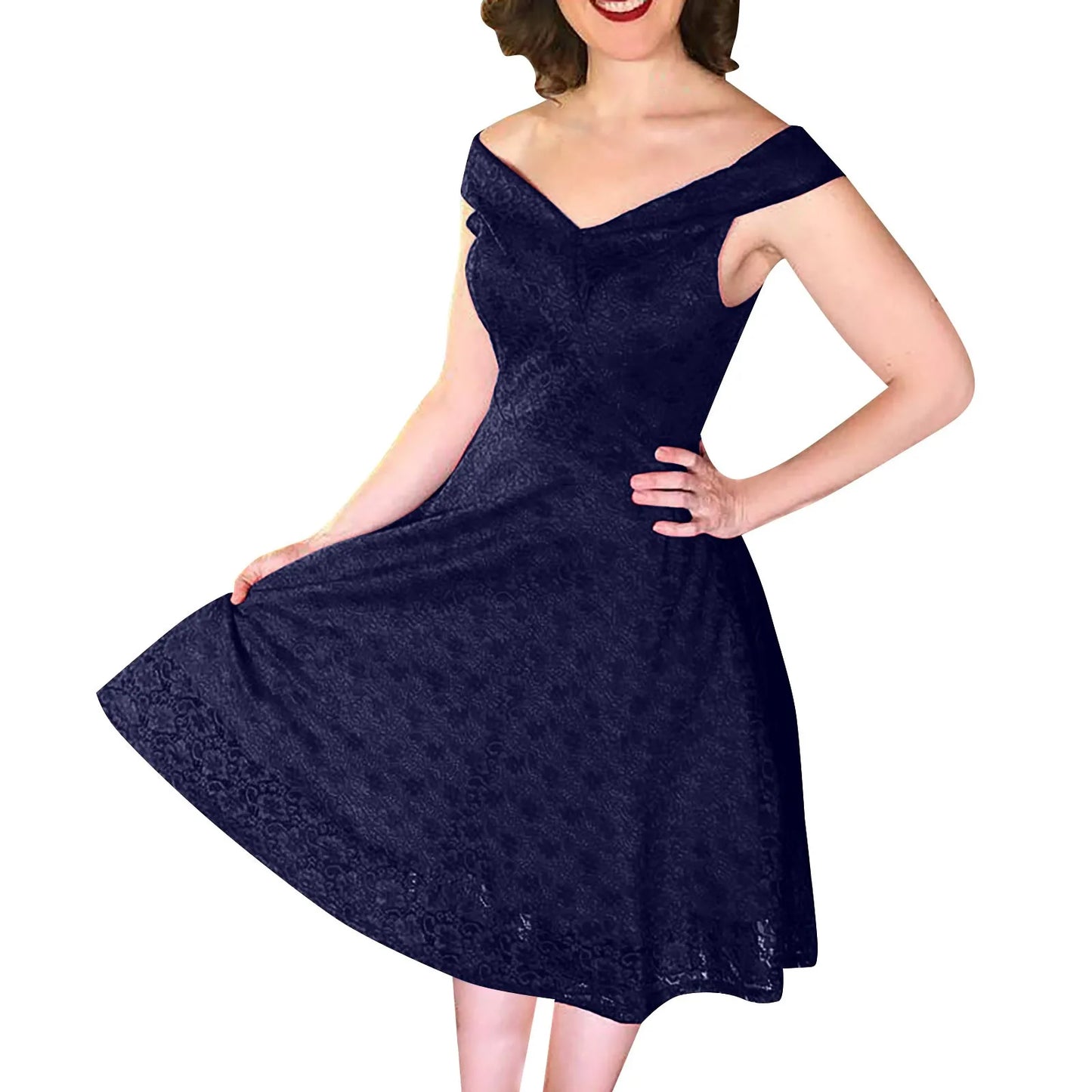 JuliaFashion - Vintage Elegant Lace Collar Lace Tucked Slim High Waist Large Swing Female Fitting Prom Sleeveless Dress
