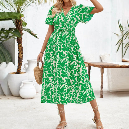 JuliaFashion - Vintage Floral Print Women Maxi Fashion V-Neck Short Sleeve Party Beach Holiday High Waist Summer Casual Dress