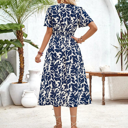 JuliaFashion - Vintage Floral Print Women Maxi Fashion V-Neck Short Sleeve Party Beach Holiday High Waist Summer Casual Dress