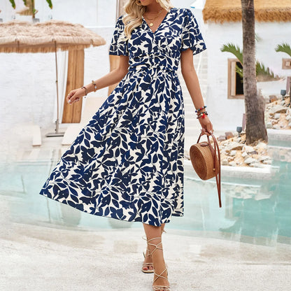 JuliaFashion - Vintage Floral Print Women Maxi Fashion V-Neck Short Sleeve Party Beach Holiday High Waist Summer Casual Dress