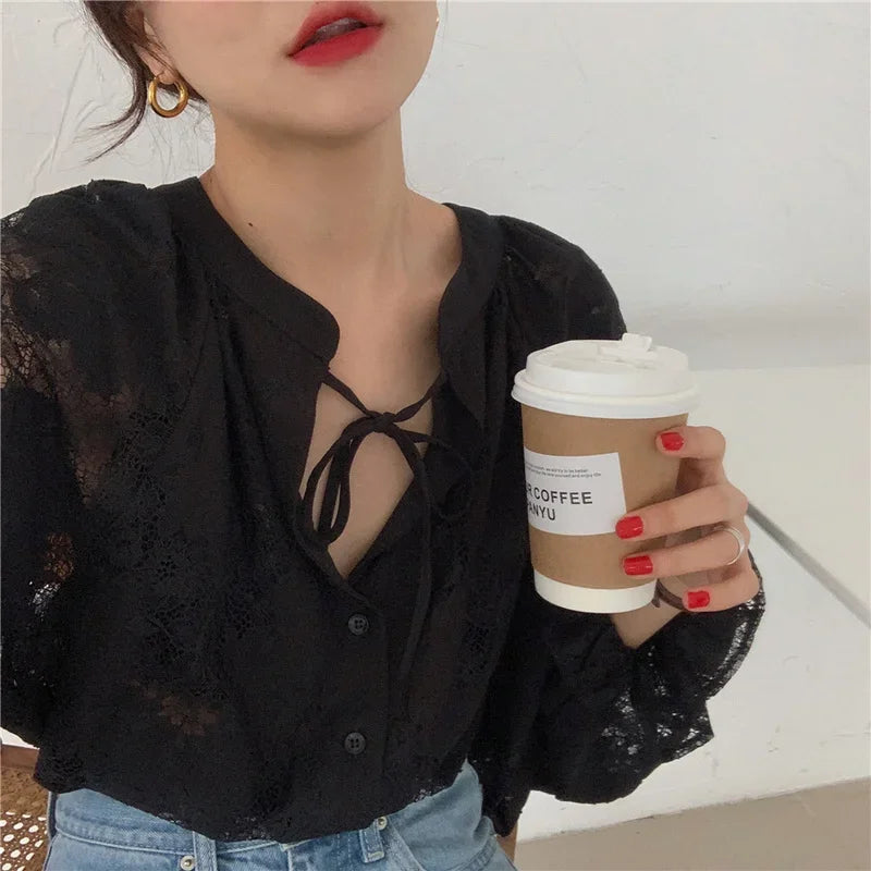 Vintage Hook Hollow Flower Lace Lantern Sleeve Blouse blouse-250126