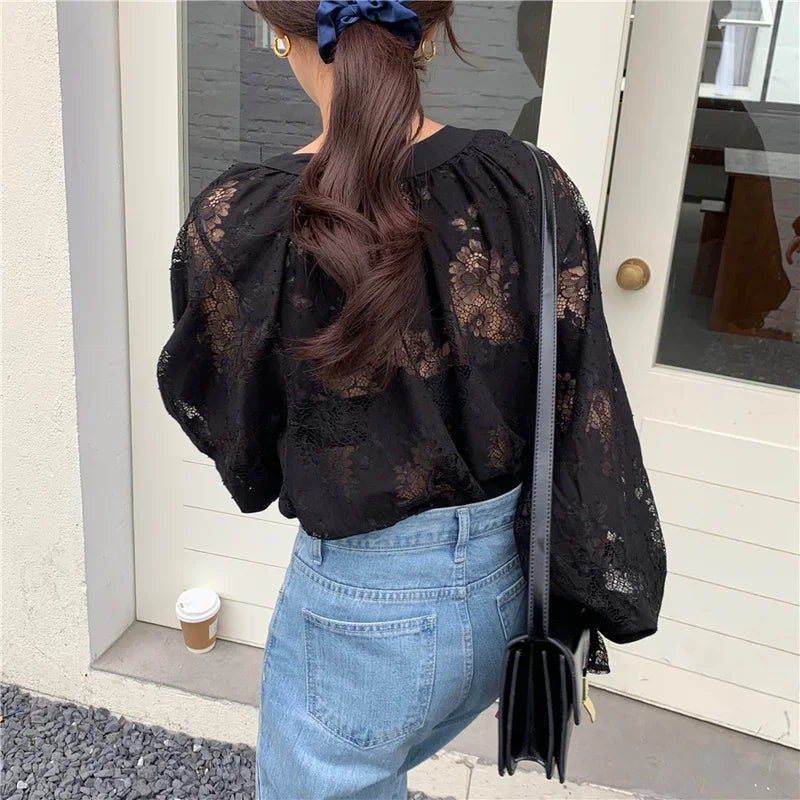 Vintage Hook Hollow Flower Lace Lantern Sleeve Blouse blouse-250126