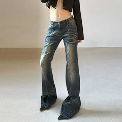 Vintage Woman Low Rise Rivet Stitching Distressed Y2K Flared 90S Streetwear Women Jean