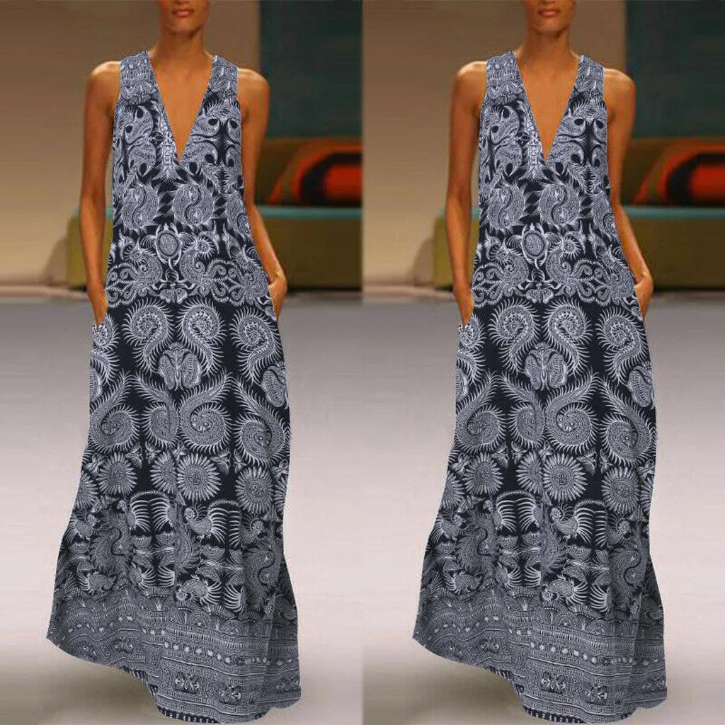 JuliaFashion - Vintage Printed SunCasual Long Vestidos Sleeveless Deep V Neck Party Robe Femme Dress