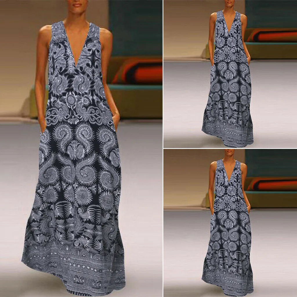 JuliaFashion - Vintage Printed SunCasual Long Vestidos Sleeveless Deep V Neck Party Robe Femme Dress