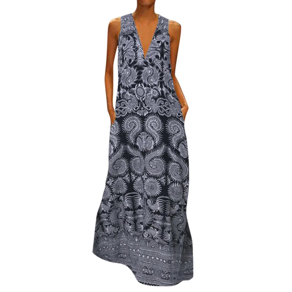 JuliaFashion - Vintage Printed SunCasual Long Vestidos Sleeveless Deep V Neck Party Robe Femme Dress