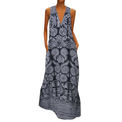 JuliaFashion - Vintage Printed SunCasual Long Vestidos Sleeveless Deep V Neck Party Robe Femme Dress
