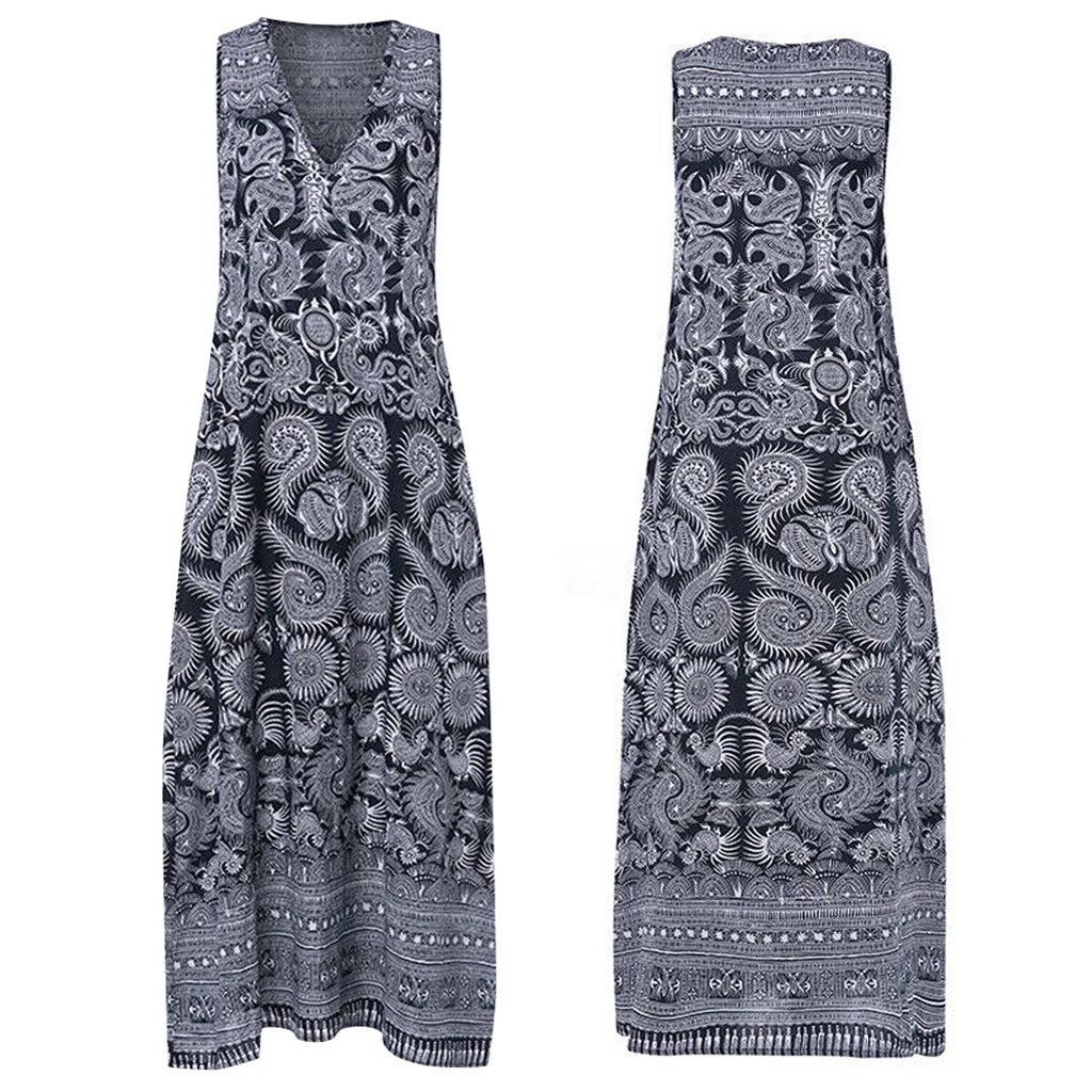 JuliaFashion - Vintage Printed SunCasual Long Vestidos Sleeveless Deep V Neck Party Robe Femme Dress