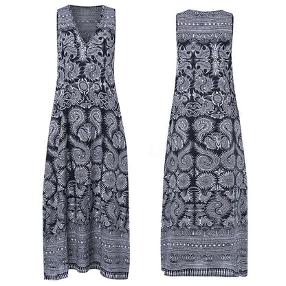 JuliaFashion - Vintage Printed SunCasual Long Vestidos Sleeveless Deep V Neck Party Robe Femme Dress