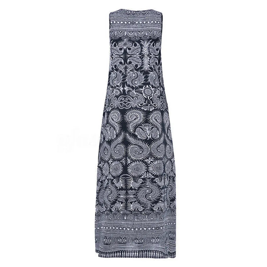 JuliaFashion - Vintage Printed SunCasual Long Vestidos Sleeveless Deep V Neck Party Robe Femme Dress