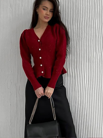 Vintage Pearl Button Slim Fit V-Neck Long Sleeve Christmas Sweater Sweaters-L