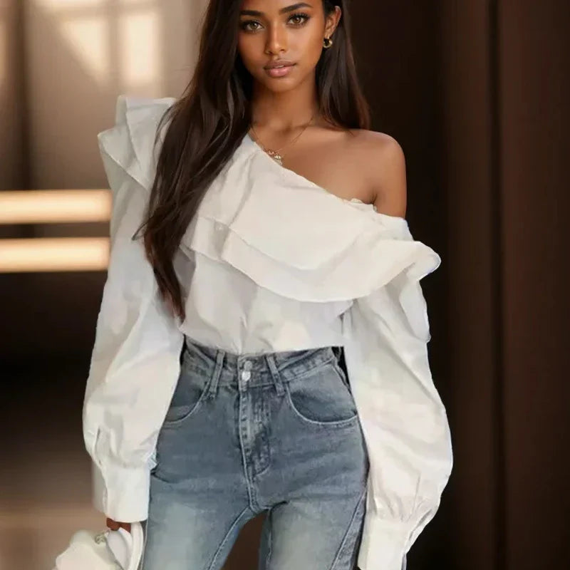 Ruffled Off Shoulder Slim Fit Casual Long Sleeve Blouse WHITE / M blouse-250126