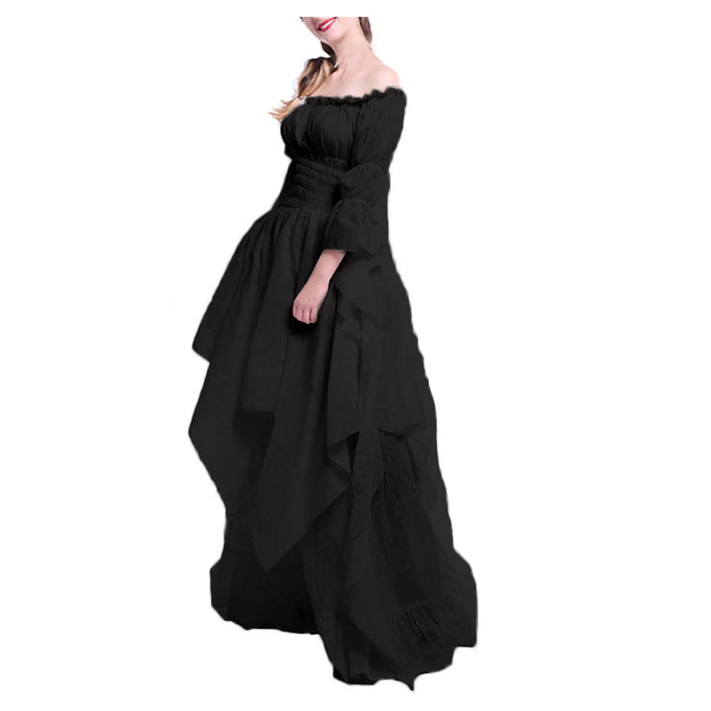 JuliaFashion - Vintage Victorian Medieval Puff Sleeve Off Shoulder Costume Solid Cosplay Prom Princess Gown Gothic Dress