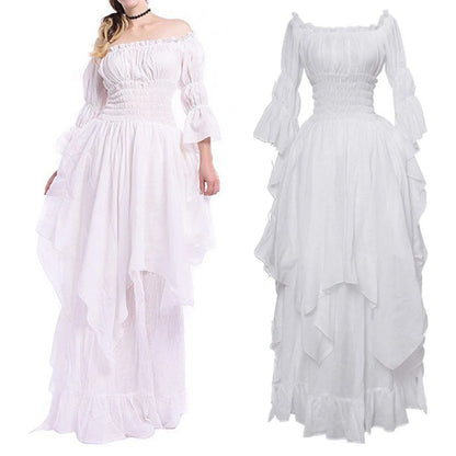 JuliaFashion - Vintage Victorian Medieval Puff Sleeve Off Shoulder Costume Solid Cosplay Prom Princess Gown Gothic Dress