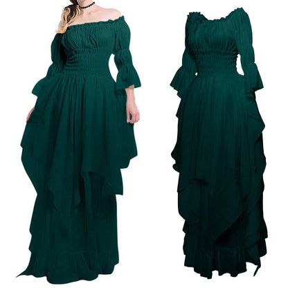 JuliaFashion - Vintage Victorian Medieval Puff Sleeve Off Shoulder Costume Solid Cosplay Prom Princess Gown Gothic Dress