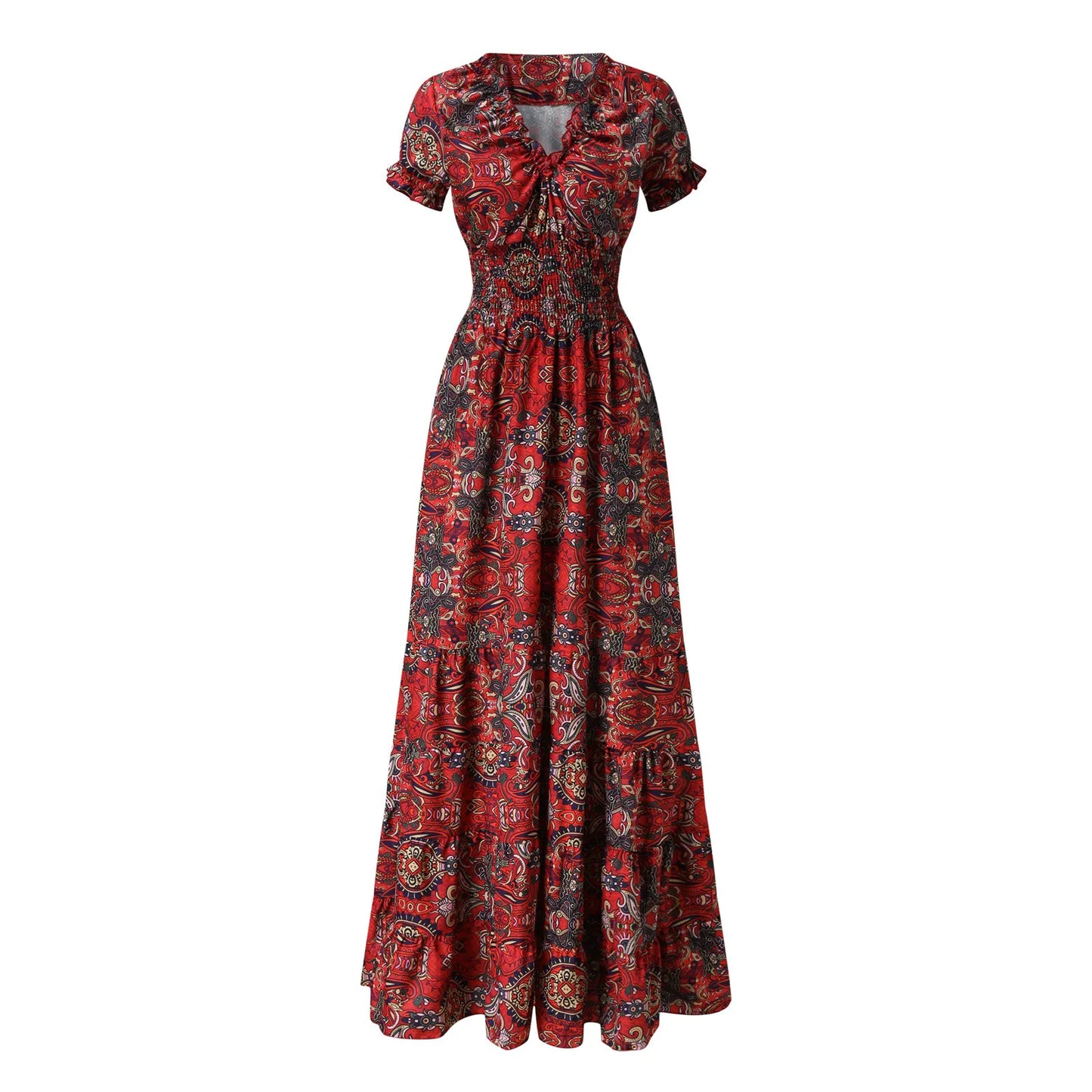 JuliaFashion - Vintage Bohemian Gypsy Causal V Neck Straps Boho Style Short Sleeve Long Beach Vestidos Dress