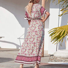 JuliaFashion - Vintage Women Floral Beach Boho Maxi V Neck Short Sleeve Waisted Long Party Casual Ladies Summer Holiday Vestidos Dress