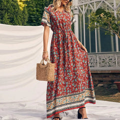 JuliaFashion - Vintage Women Floral Beach Boho Maxi V Neck Short Sleeve Waisted Long Party Casual Ladies Summer Holiday Vestidos Dress