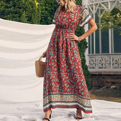 JuliaFashion - Vintage Women Floral Beach Boho Maxi V Neck Short Sleeve Waisted Long Party Casual Ladies Summer Holiday Vestidos Dress