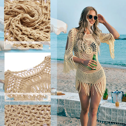 JuliaFashion - White Black Crochet Bikini Cover Up Fringe Trim Beachwear Dress