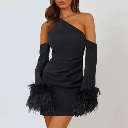 JuliaFashion - White Black One Shoulder Mini Women Sexy Backless Bodycon 2024 Spring Fashion Feathers Flare Long Sleeve Dress