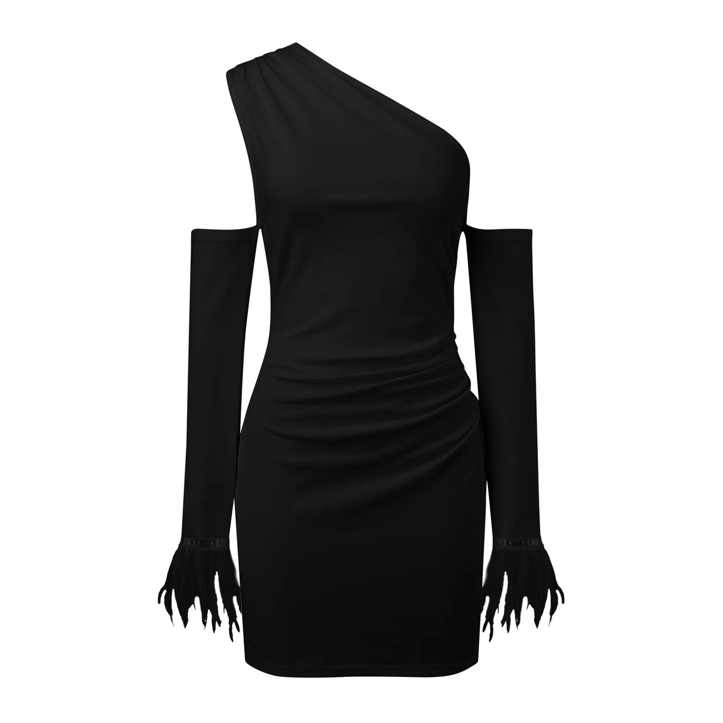 JuliaFashion - White Black One Shoulder Mini Women Sexy Backless Bodycon 2024 Spring Fashion Feathers Flare Long Sleeve Dress