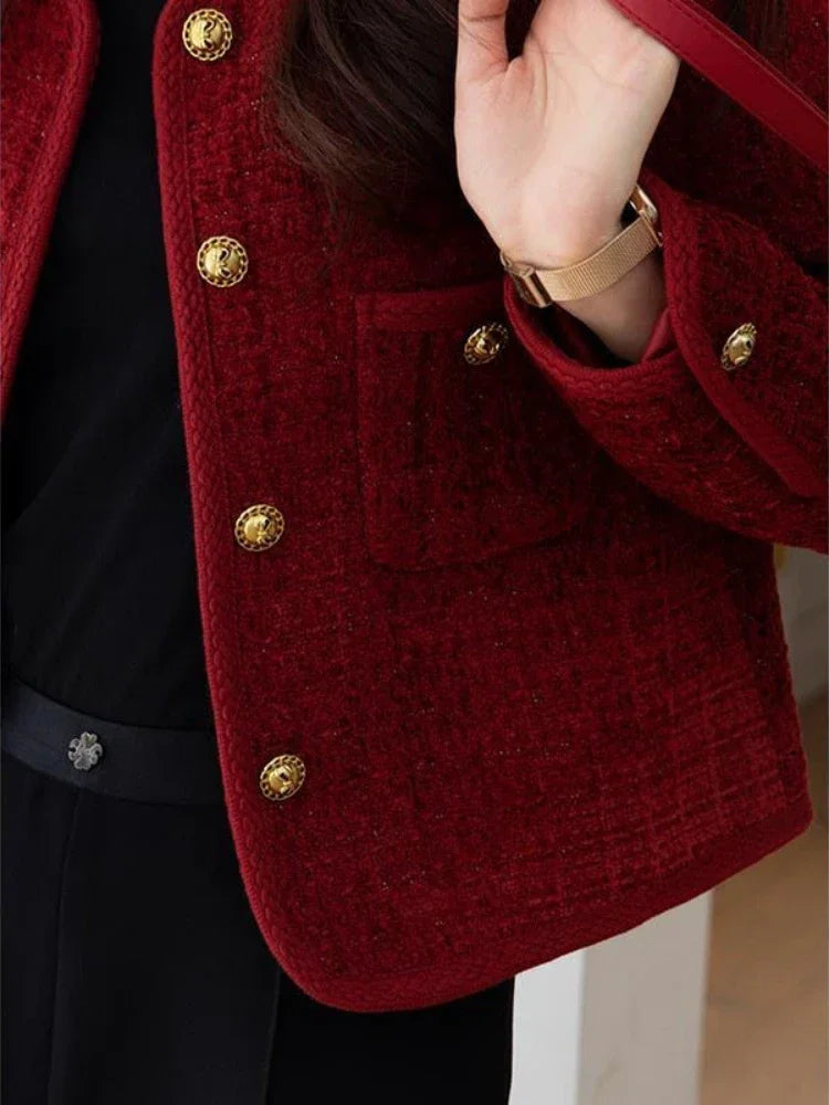 Wine Red Metal Buckle Slim Tweed Cardigan Cardigan-241208